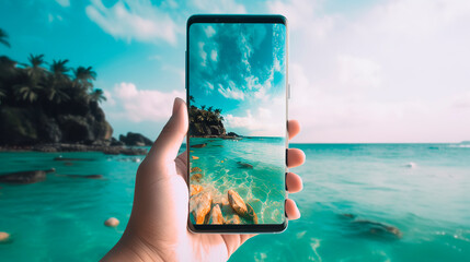 Hand golding phone up, showing a pictoral beach, sea. Beautiful template with hand golding phone up on blue background. Water wave.