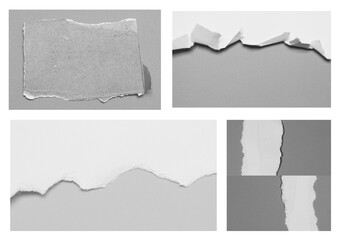 Collection of various vintage note rip paper on white background.