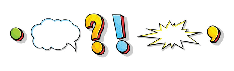 Speech Bubble, Comma, Dot, Interrogation and Exclamation Mark as Punctuation Vector Set