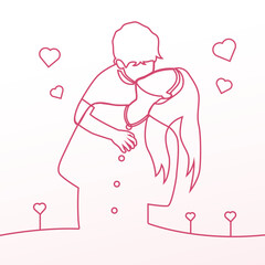 line drawing mother holding child behind, happy mother's day banner