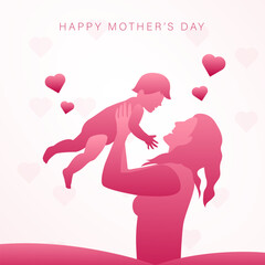 illustration of mother holding child with pink color, happy mother's day banner