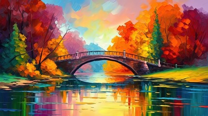 Obraz na płótnie Canvas illustration of rock bridge cross over canal with summer woods as background, idea for home wall decor, Generative Ai