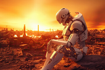 Sad Humanoid Robot Against Destroyed Earth in Fire. AI generative. Apocalypse Concept.