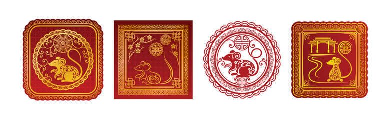 Red Chinese Rat or Mouse New Year Symbol and Emblem Vector Set