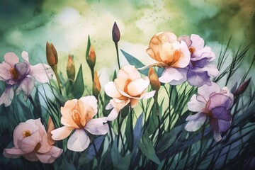 Obraz na płótnie Canvas flower background, irises, watercolor - Ai