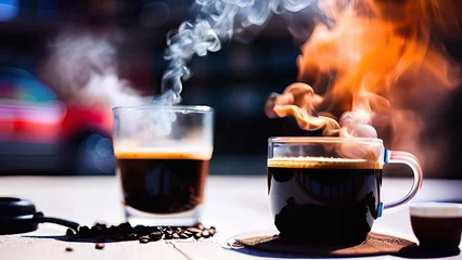 Foto op Plexiglas cup of hot coffee with smoke © Waranya