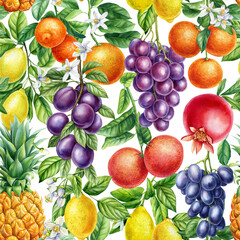 Colored tropical background, hand drawn watercolor botanical painting. Fruits seamless pattern, sweet wallpaper