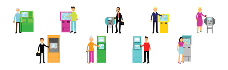 Obraz na płótnie Canvas People Characters Using Electronic Self Service Terminals and ATM Machine Vector Illustration Set