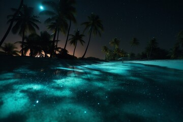 Fototapeta na wymiar luminous beach paradise blue palm vacation night sky tree tropical ocean. Generative AI.