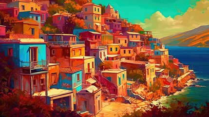 illustration of beautiful view of Mediterranean coastal cityscape at seaside in summer mood vivid tone color, idea for home wall decor, Generative Ai