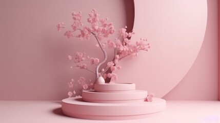 Photo podium or pedestal with chrysanthemum flowers mockup for your cosmetic products