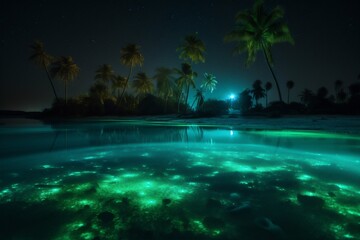 Obraz na płótnie Canvas tree vacation beach ocean blue night tropical paradise luminous palm sky. Generative AI.