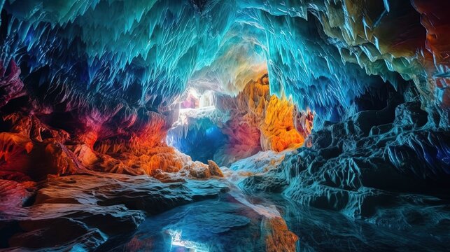 abstract nature background of colorful ice cave in winter cold weather, Generative Ai