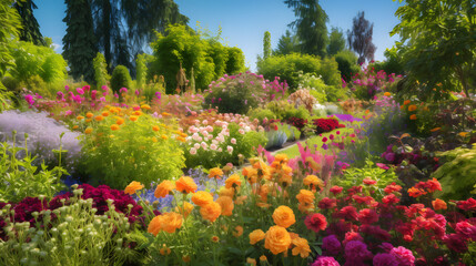 Fototapeta premium A colorful garden bursting with blooms under a bright blue sky is the perfect embodiment of a summer day