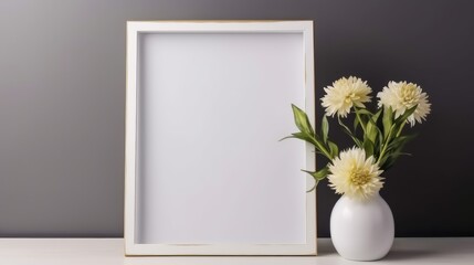 A white frame with flowers in a vase on a shelf.