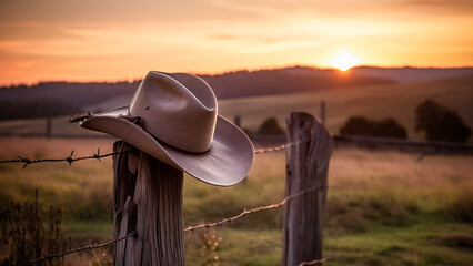Cowboy's hat resting on a farm fence at sunset. Generative AI. - obrazy, fototapety, plakaty