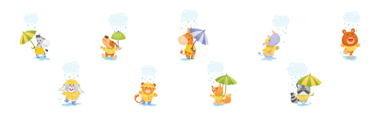 Smiling Animals Wearing Coat Walking on Puddles in Rainy Day with Umbrella Vector Set