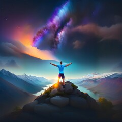 A person standing on a mountaintop with arms raised in victory, AI-Generated Image