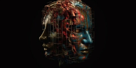 Fototapeta na wymiar Human head divided into parts by cubes. Knowledge and database concept Isolated realistic illustration. Fashionable style. Face of a cartoon character. Abstract illustration.