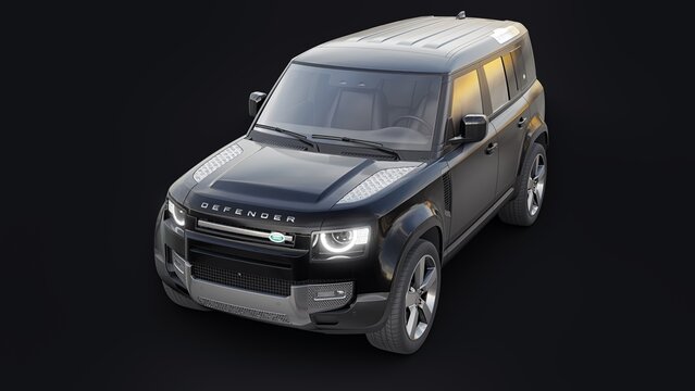Paris, France. February 16, 2022: Land Rover Defender 2020. Expedition SUV for rural areas and outdoor activities. 3d render