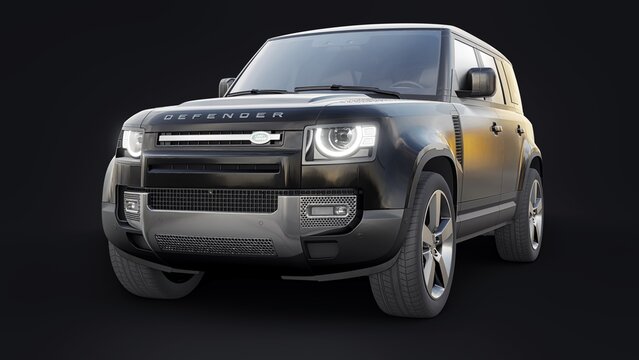 Paris, France. February 16, 2022: Land Rover Defender 2020. Expedition SUV for rural areas and outdoor activities. 3d render
