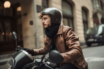 Fototapeta na wymiar Man in helmet and leather jacket riding a motorbike in the city. Generative AI