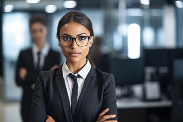 Young businesswoman standing with arms crossed in an office. Generative AI