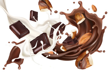 Chocolate and milky liquid splashing in the middle on white background. Realistic vector in 3D illustration.