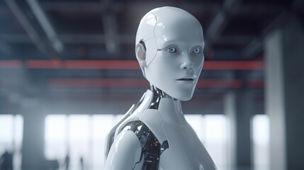 Fototapeta na wymiar Humanoid robot gorgeous full in trendy style on light background. Realistic people character illustration. Fashion illustration. UI UX Design. Metal background.
