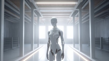 Fototapeta premium Humanoid robot gorgeous full in trendy style on light background. Realistic people character illustration. Fashion illustration. UI UX Design. Metal background.