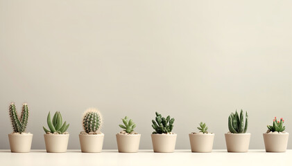 Potted cacti standing in a row on an empty beige background with space for text. AI generation