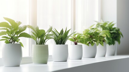 Fototapeta premium Houseplants in pots standing on the windowsill on a sunny day. AI generation