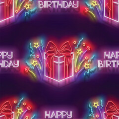 Seamless pattern with glow Gift Box with Beautiful Bow and Inscription. Happy Birthday and Holiday Party Mood. Neon Light Texture, Signboard. Glossy Background. Vector 3d Illustration