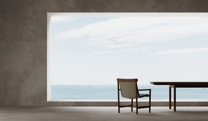 Empty spase, concrete terrace with panoramic ocean view and a chair, concrete floor. Interior background, 3d render, restaurant sea view from the panoramic window. Observation place for rest. Balcony