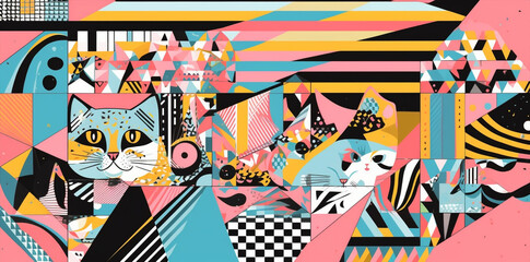 banner pattern cats and shapes, geometic minimal lines, colorful background, generative ai illustration