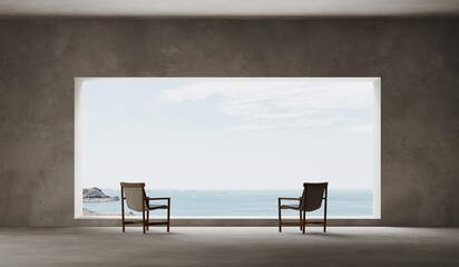 Empty spase, concrete terrace with panoramic ocean view and chairs, concrete floor. Interior background, 3d render, sea view from the panoramic window. Observation place for rest. Balcony