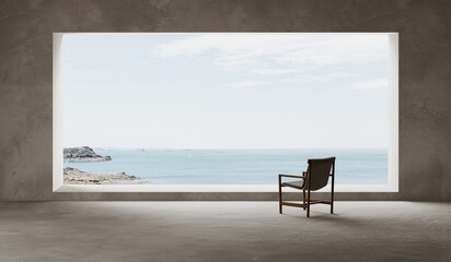 Empty spase, concrete terrace with panoramic ocean view and a lonely chair, concrete floor. Interior background, 3d render, sea view from the panoramic window. Observation place for rest. Balcony