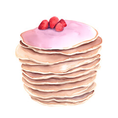 Digital vector watercolor hand drawn pancakes. Isolated dessert illustration on white background
