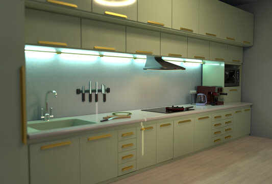 Modern large luxury studio apartment. The open plan pale green kitchen is furnished with the light wood of the house. Mint glossy facade with golden handles. LED lighting under cabinet. 