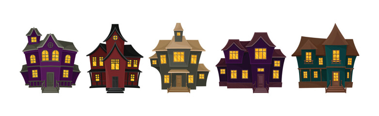 Gloomy Halloween Houses with Scary Shiny Yellow Windows Vector Set