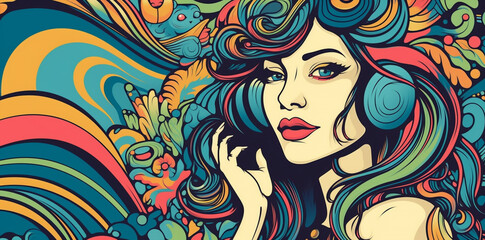 collage pop art portrait of a beautiful woman, posterbanner size , bright colors, generative ai illustration