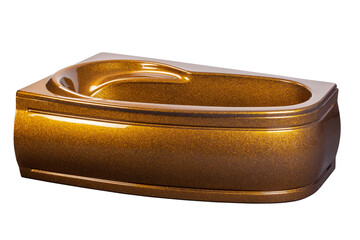 Corner acrylic bathtub in golden color with metallic inclusions that create a shimmer and change color at different angles.