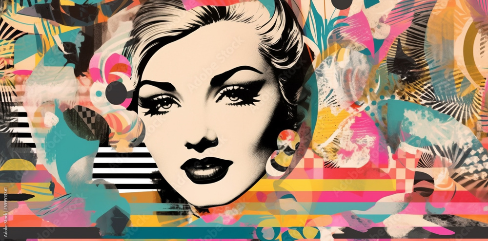 Wall mural collage pop art portrait of a beautiful woman, posterbanner size , bright colors, generative ai illustration