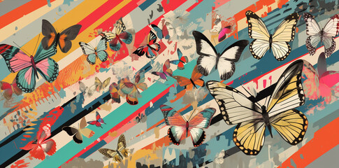 stylish butterflies pattern  group on colorful pop banner background, generative ai illustration