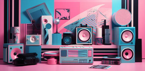 audio music objects wall pattern on pink nuances graffiti style, banner use, minimal retro concept, generative ai illustration
