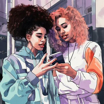portrait cartoon style of two model girl friends looking the smarphone and making selfies, graphic generative ai illustration