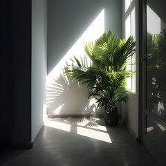 a room with a calming concept decorated with tropical plants in the sunlight ,generative ai