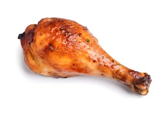 Tasty grilled chicken leg on white background, top view. BBQ food