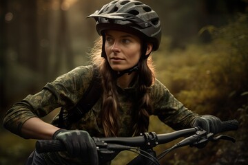 A fictional person. Confident Female Mountain Biker on Electric Mountain Bike