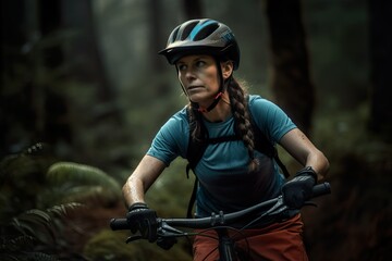 Naklejka premium A fictional person. Confident Female Mountain Biker on Electric Mountain Bike